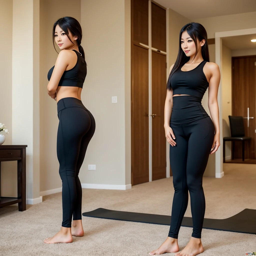 Beautiful asian woman with wide hips in yoga pants