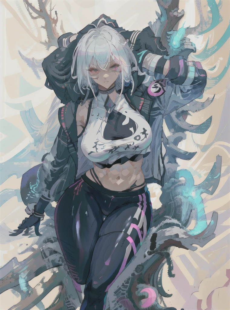 master masterpiece，high quallity，1girl，A female investigator wears yoga pants，huge breasts, sexy body, milf, curvy, anime girl with white hair and black gloves walking through a forest, artwork in the style of guweiz, anime lush john 8k woods, anime cover,detailed anime character art, anime style 4 k, The character depiction is very detailed，The female investigator in the picture has multiple scars，He was wrapped in bandages，It gives a terrifying feeling that the female investigator wears a jacket，The whole image is very nuanced, cutesexyrobutts。