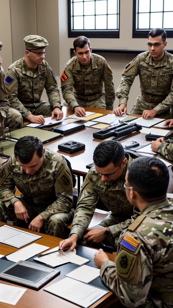 Soldiers and scientists gathered around a table, planning war strategies together.