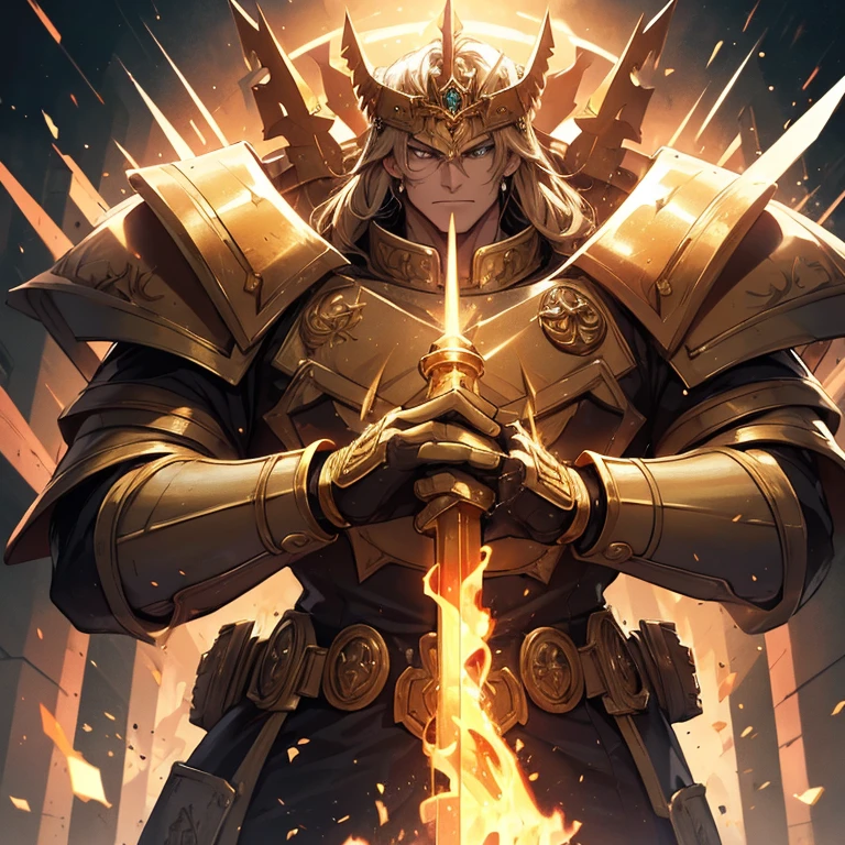 (Absurdres, best high quality)
1character, Warhammer 40.000 god emperor of Mankind, (bright golden skin ,long brown hair, sparkling green eyes), (giant bulky golden armor), (holding a huge fire sword with left hand), (upright right hand, closed fist) handsome king, handsome face, strong features, gentle smile, lovely king, heroic king, grey mountains background,