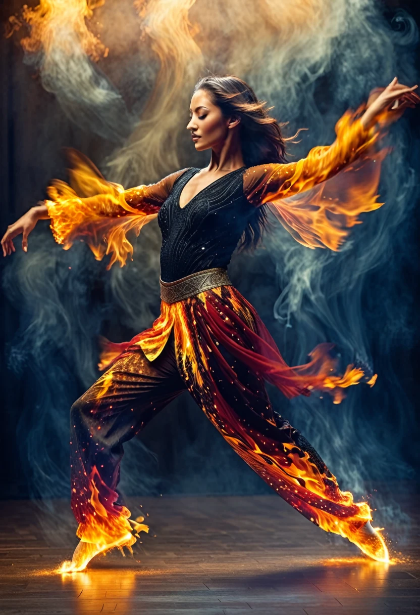 Create a mesmerizing image of a fiery dancer in motion, capturing the essence of flame and energy. The dancer's body should appear as if it's made of fire, with flames gracefully swirling around and emanating from her. Focus on dynamic movement, with the dancer's arms extended and head thrown back in a passionate dance. The lighting should highlight the intense glow and flickering flames, creating a dramatic contrast with the dark, smoky background. Add lens effects to enhance the realism, with subtle sparks and embers floating around, giving a sense of vibrant energy and heat.
