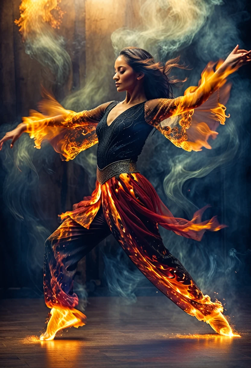 Create a mesmerizing image of a fiery dancer in motion, capturing the essence of flame and energy. The dancer's body should appear as if it's made of fire, with flames gracefully swirling around and emanating from her. Focus on dynamic movement, with the dancer's arms extended and head thrown back in a passionate dance. The lighting should highlight the intense glow and flickering flames, creating a dramatic contrast with the dark, smoky background. Add lens effects to enhance the realism, with subtle sparks and embers floating around, giving a sense of vibrant energy and heat.