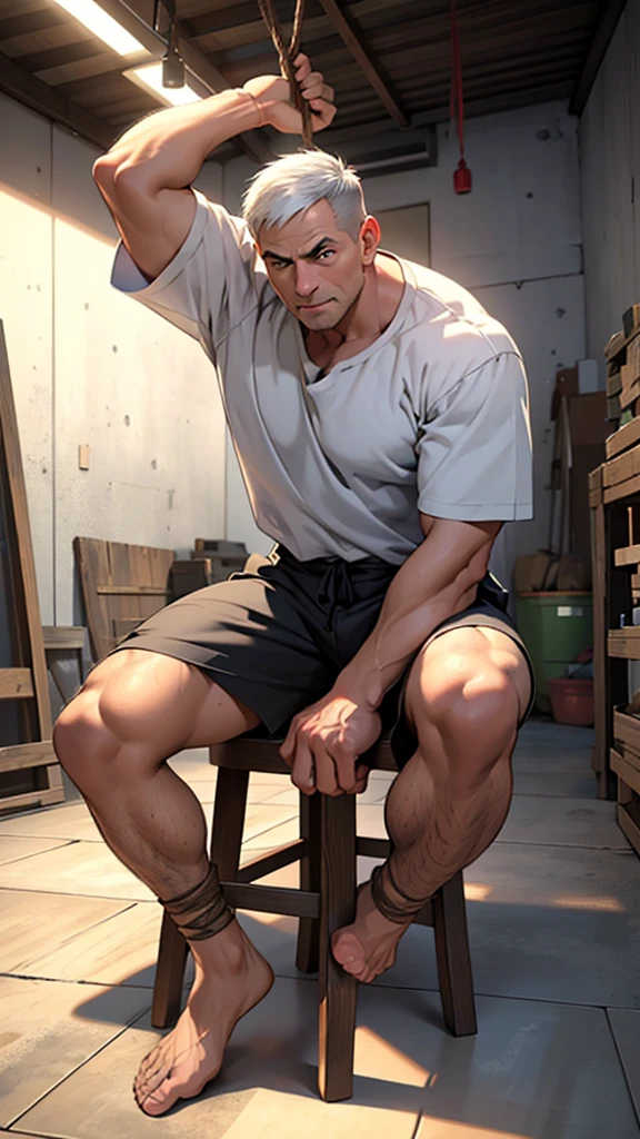 Create a 3D animation of a caricature with a big head. . A man named "Benjamin Netanyahu" aged 60. Full body view, His hair is very thin, gray, and his legs are straight sitting on a wooden floor. The back of the body is leaning against a high pole in a room in an old warehouse. The body position is tied, Rope wrapped around the body and tied to a pole, both hands are also tied, the position of both hands is above the legs, His face is oval with fine facial wrinkles, thick and neat gray eyebrows, normal eyes, straight aquiline nose, and wide open lips. Sad and scared facial expression, on the floor there are many rats close together as if they want to bite the man, He is wearing a dull white torn shirt and white shorts. Gradient brown background with a little professional lighting. Masterpiece, best quality, very detailed skin and face, very realistic, high definition, studio lighting, sharp focus, 2/3 body angle, Face facing straight ahead. Concept Art, 3D rendering.
