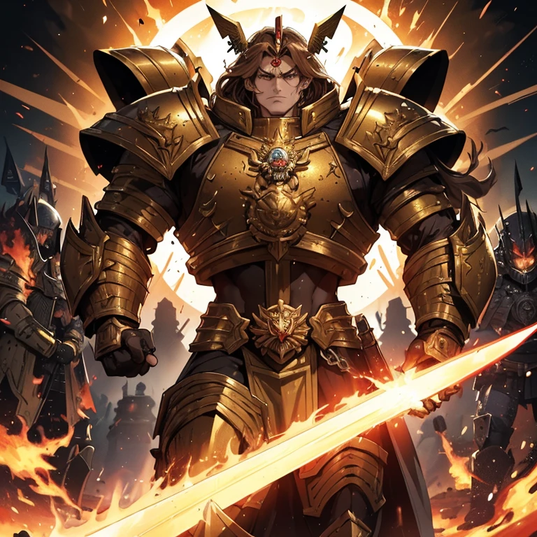 (Absurdres, best high quality)
1character, Warhammer 40.000 god emperor of Mankind, (bright golden skin ,long brown hair, green eyes, giant bulky golden armor, holding a huge fire sword with left hand, upright right hand, closed fist), heroic, grey mountains background,