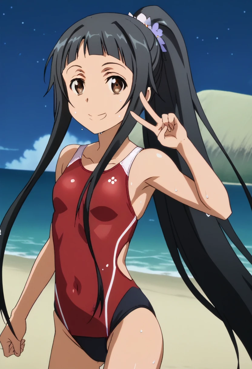 sword art online, yui, long hair, bangs, black hair, hair ornament, very long hair, high ponytail, blunt bangs, hime cut, brown eyes, masterpiece, best quality, anime screencap, tsuchimiya, competition swimsuit, black swimsuit, 1girl, solo, night, ocean, v, thigh gap, happy, red one-piece swimsuit, close-up, wet, high saturation, high contrast, outdoor, concept, bodybuilder, muscle