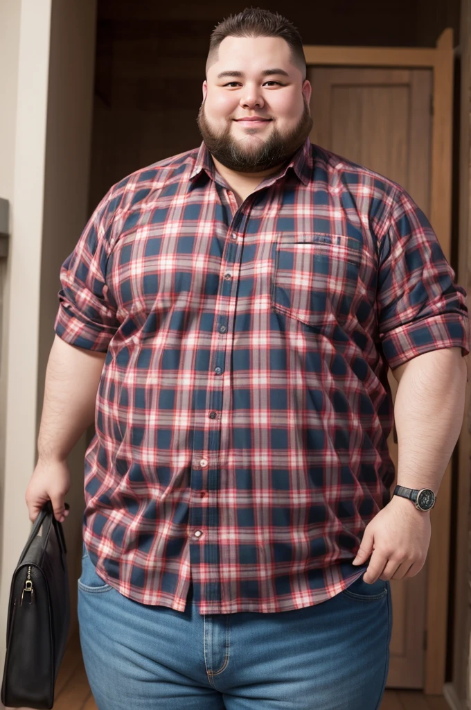 A fat man in a plaid shirt