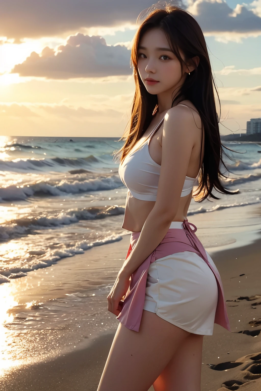 beautiful woman on the beach, wrapped skirt, sunset,