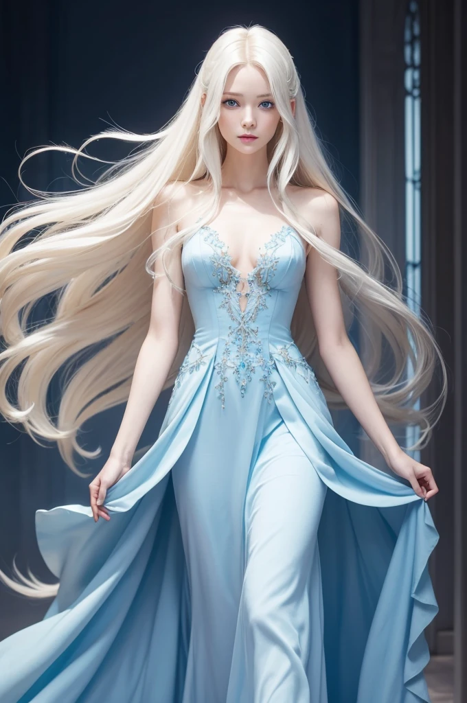 Fairy just thunder with long almost white blonde hair, blue eyes and very fair skin. Tall and thin wearing a flowing blue dress