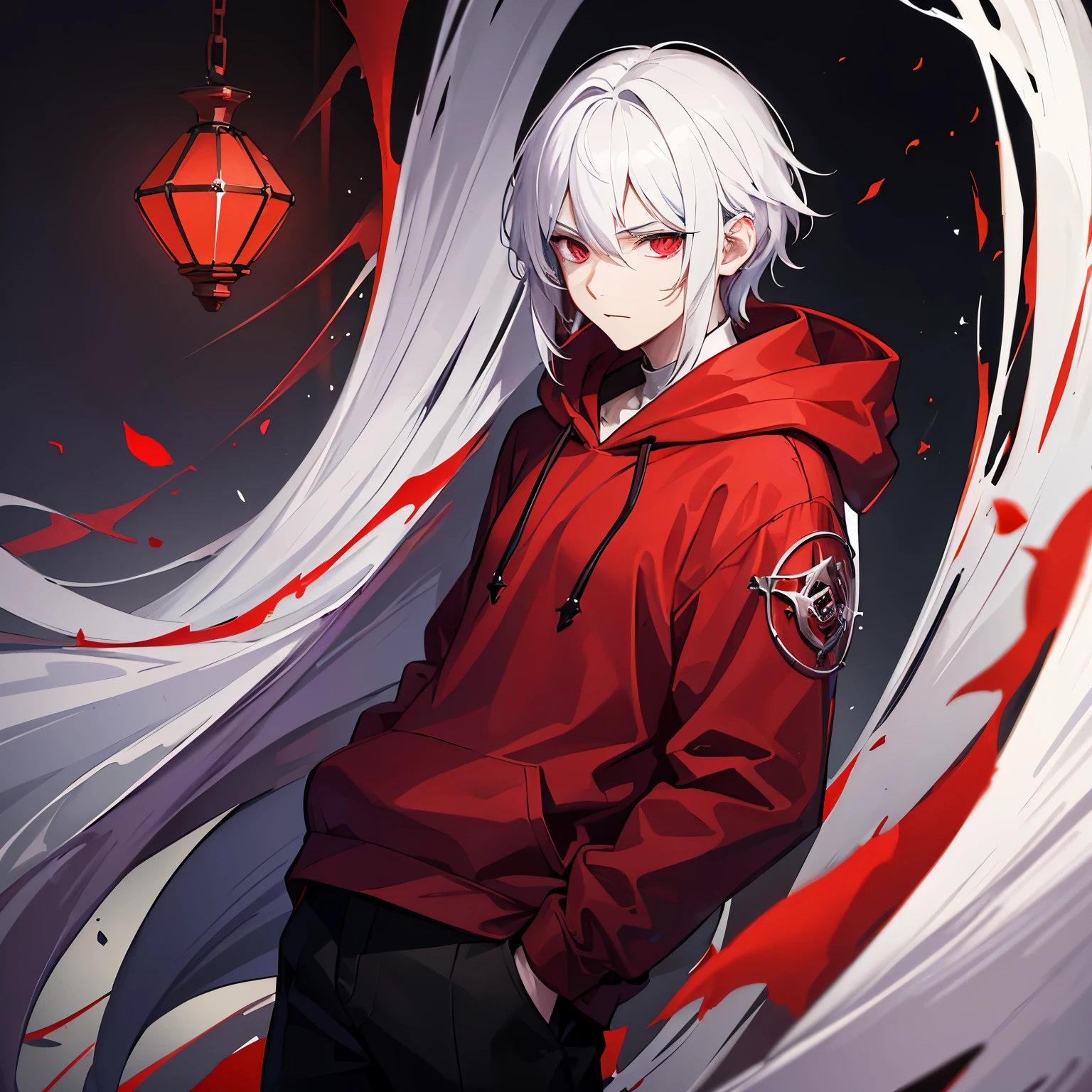 A young man with white hair, red eyes and black sclera. He is wearing a red hoodie with purple details. Dungeons and Dragons art direction, studio ghibli Style