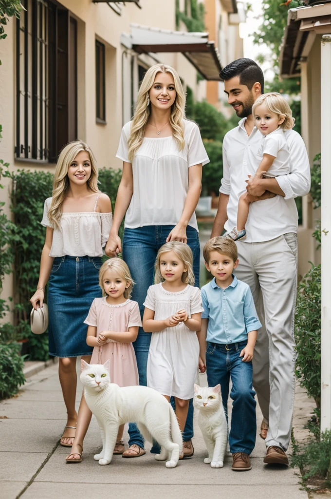 A family of four, blonde mom, latino dad, pixie hair daughter, long hair son, white cat and tabby cat