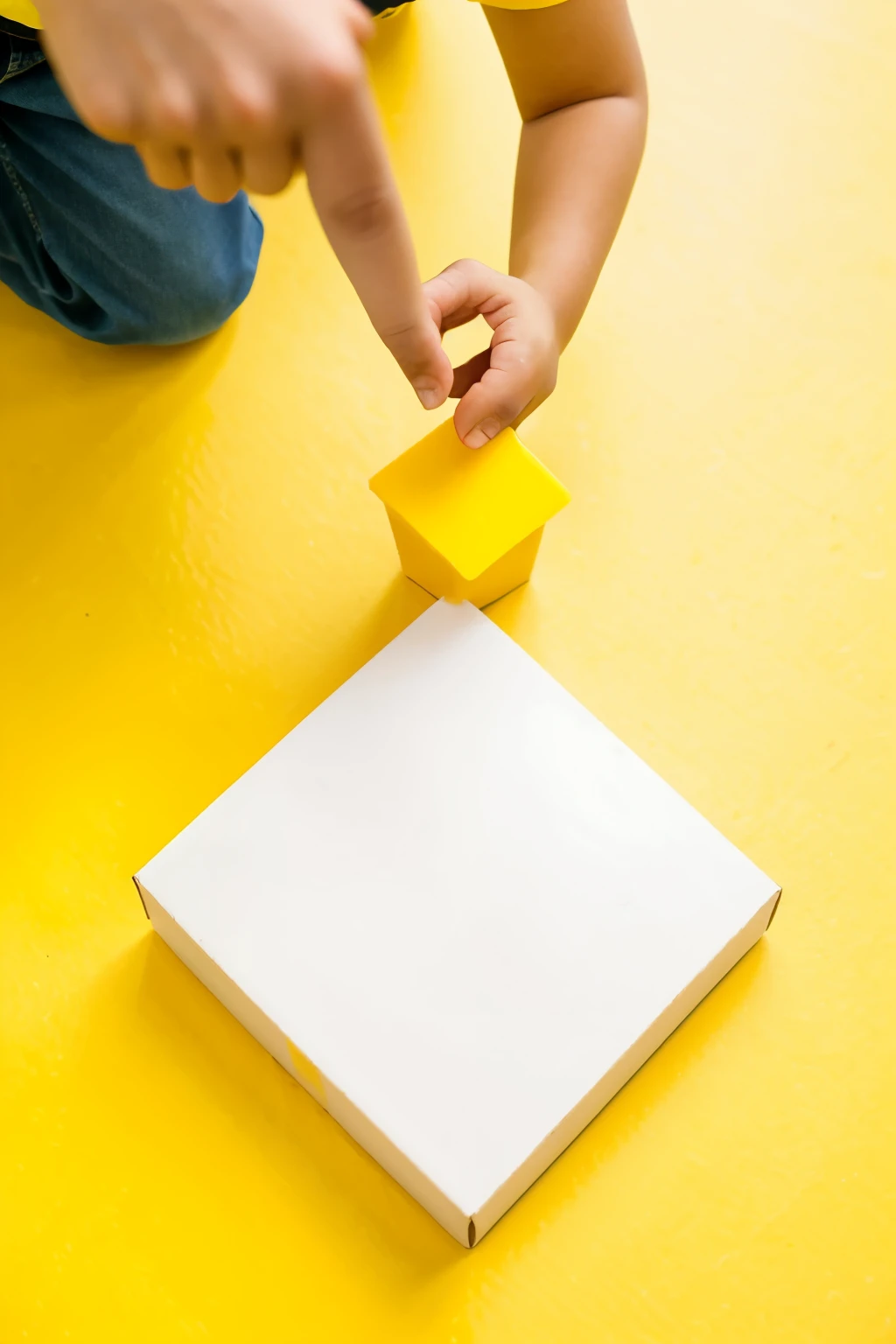 boy placing white rubber on a yellow cardboard in the shape of a hexagon