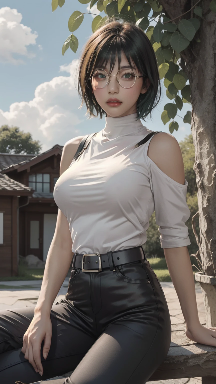 MakiSHS1, One, short hair, 1 girl, Looking at the viewer, glasses, green hair, without sleeves, belt, trousers, bang, cowboy shot, shirt, muscular, круглые glasses, breast, bare shoulders, closed mouth, muscular female, turtleneck, yellow eyes, black trousers, black shirt, parted lips, black clothes, without sleeves shirt, large breast, high-waist trousers, on open air, sky, blue sky, clouds, trees, building, Sitting, Sitting in, girl Sitting, BREAK masterpiece, Best quality, very detailed background, perfect lightingBest quality, ((shiny skin, Glossy leather, Detailed skin))