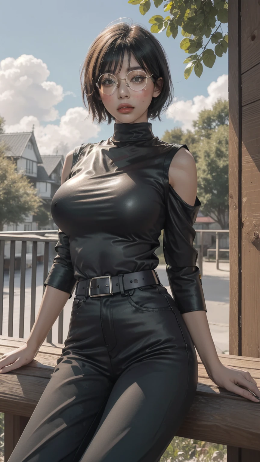 MakiSHS1, One,  short hair, 1 girl,  Looking at the viewer, glasses, green hair, without sleeves, belt, trousers, bang, cowboy shot,  shirt, muscular, круглые glasses, breast, bare shoulders, closed mouth, muscular female, turtleneck, yellow eyes, black trousers, black shirt, parted lips, black clothes, without sleeves shirt, large breast, high-waist trousers, on open air, sky, blue sky, clouds, trees, building,   Sitting, Sitting in, girl Sitting, BREAK masterpiece, Best quality, very detailed background, perfect lightingBest quality, ((shiny skin, Glossy leather, Detailed skin))