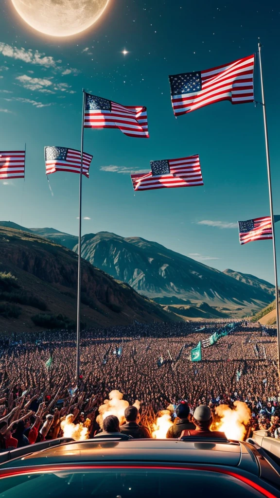 Humans driving back alien ships, with a crowd waving flags triumphantly in the background.
