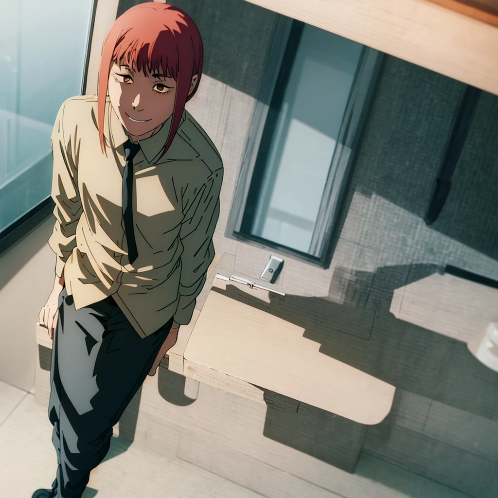 It seems that they open the bathroom door and Makima is sitting on the toilet, with his pants on his feet with a smile on his face