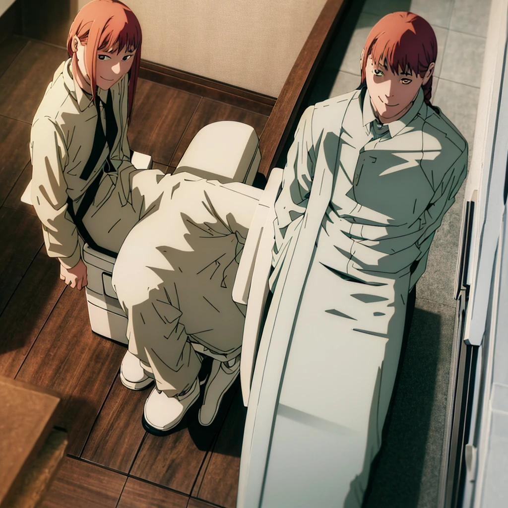 It seems that they open the bathroom door and Makima is sitting on the toilet, with his pants on his feet with a smile on his face 