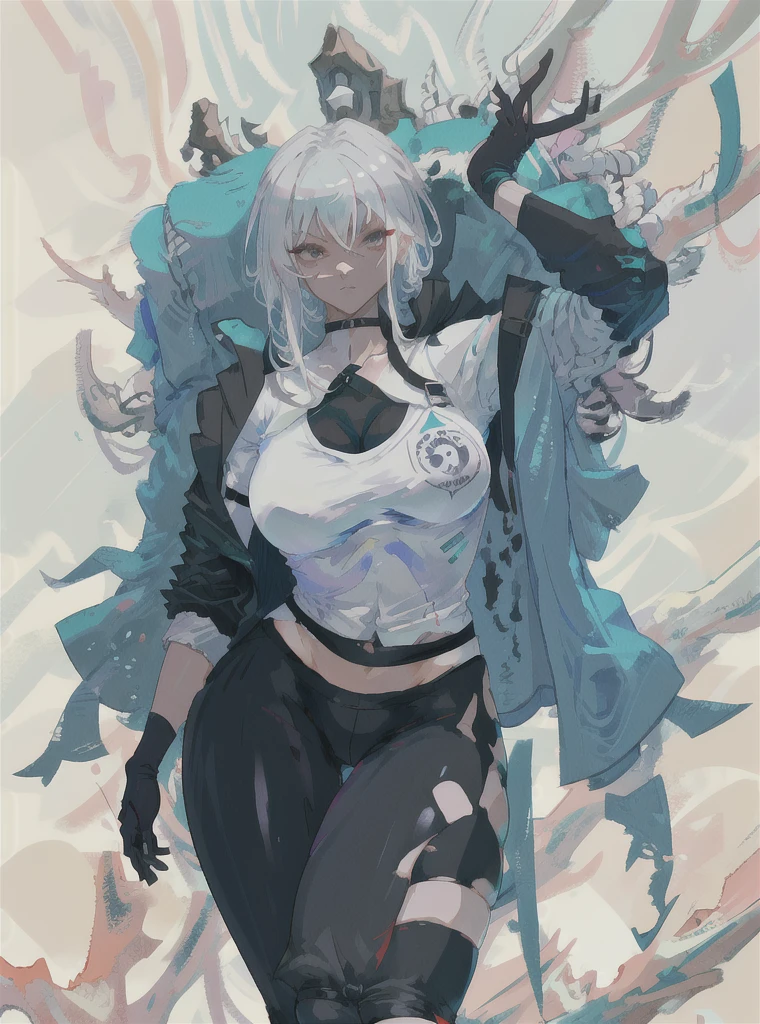 master masterpiece，high quallity，1girl，A female investigator wears yoga pants，huge breasts, sexy body, milf, curvy, anime girl with white hair and black gloves walking through a forest, artwork in the style of guweiz, anime lush john 8k woods, anime cover,detailed anime character art, anime style 4 k, The character depiction is very detailed，The female investigator in the picture has multiple scars，He was wrapped in bandages，It gives a terrifying feeling that the female investigator wears a jacket，The whole image is very nuanced, cutesexyrobutts。