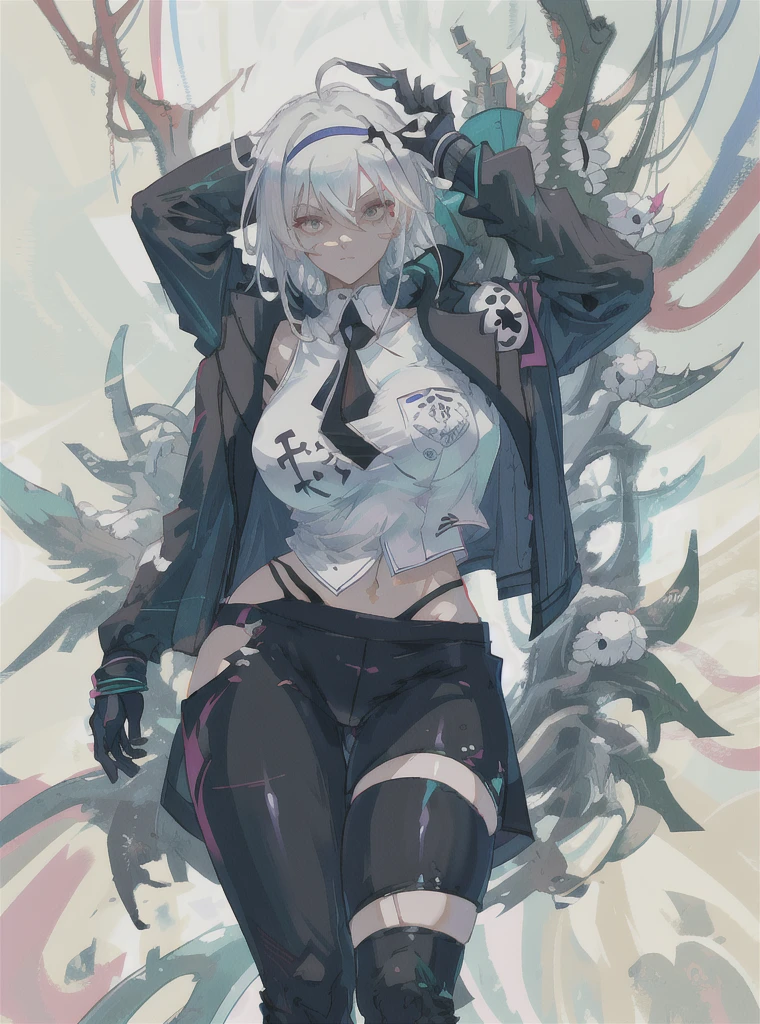 master masterpiece，high quallity，1girl，A female investigator wears yoga pants，huge breasts, sexy body, milf, curvy, anime girl with white hair and black gloves walking through a forest, artwork in the style of guweiz, anime lush john 8k woods, anime cover,detailed anime character art, anime style 4 k, The character depiction is very detailed，The female investigator in the picture has multiple scars，He was wrapped in bandages，It gives a terrifying feeling that the female investigator wears a jacket，The whole image is very nuanced, cutesexyrobutts。