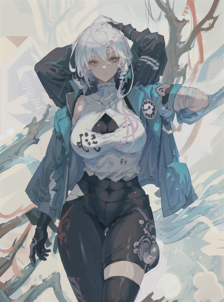 master masterpiece，high quallity，1girl，A female investigator wears yoga pants，huge breasts, sexy body, milf, curvy, anime girl with white hair and black gloves walking through a forest, artwork in the style of guweiz, anime lush john 8k woods, anime cover,detailed anime character art, anime style 4 k, The character depiction is very detailed，The female investigator in the picture has multiple scars，He was wrapped in bandages，It gives a terrifying feeling that the female investigator wears a jacket，The whole image is very nuanced, cutesexyrobutts。