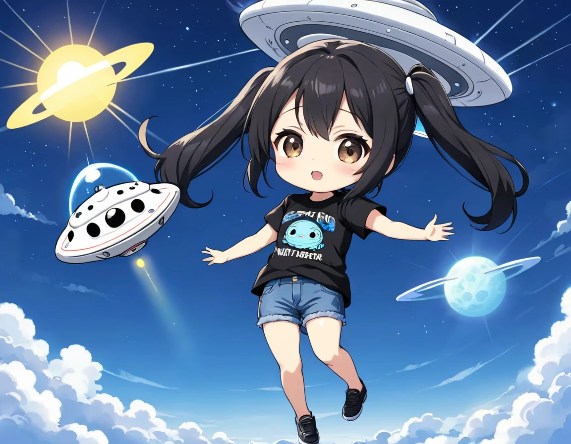 Black long hair、Twin-tailed Chibi Character、T-shirt and jeans、Dark Eyes、Scary face、A large unidentified flying object (UFO) is flying、Spaceman、A shining light from the UFO、blue sky、White cloud