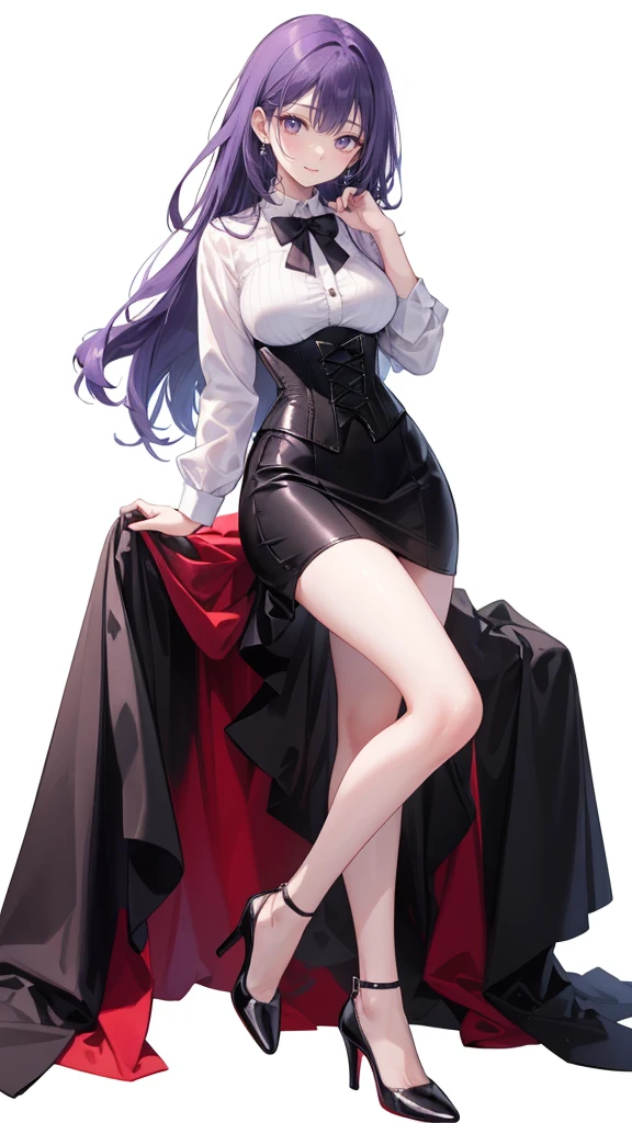 Purple Hair,long hair,Adult female,(suit),White Y-shirt,((Rolling up his sleeves)),(corset),(Black tight skirt),(High heels),Heels are visible,((Simple white background)),smile,((whole body)),((full body)),