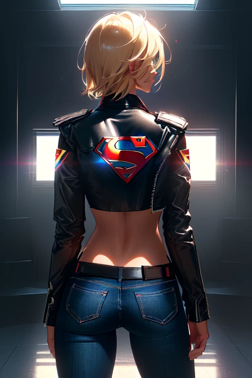 Supergirl, ((tanned young woman, (blonde, blue colored eyes, short hair covering one eye, tanned skin with panty lines, perfectbody, perky breasts, hardnipples), red lipgloss stick, (black leather jacket, with small Superman symbol on the shoulder, tight blue tank top with small Superman symbol on the left side of the chest, exposed abdomen, black leather belt, low waist jeans, Vemeho sneakers), Masterpiece artwork, high qualiy, back-illuminated)) natural lighting, high qualiy, Masterpiece artwork, hair blonde, hair over one eye, elongated eyes, elongated eyes, seducing smile, Hyper-Realism, image fill, Lens flare, from behind, precise, anatomically correcte, texturized skin, super detaill, hair blonde, hair over one eye, glare eyes, glare eyes, seducing smile, Hyper-Realism, image fill, from low, Lens flare, from behind, from behind, photo the cowboy, 8K, uhd, 8K, precise, uhd, anatomically correcte, texturized skin, super detaill,