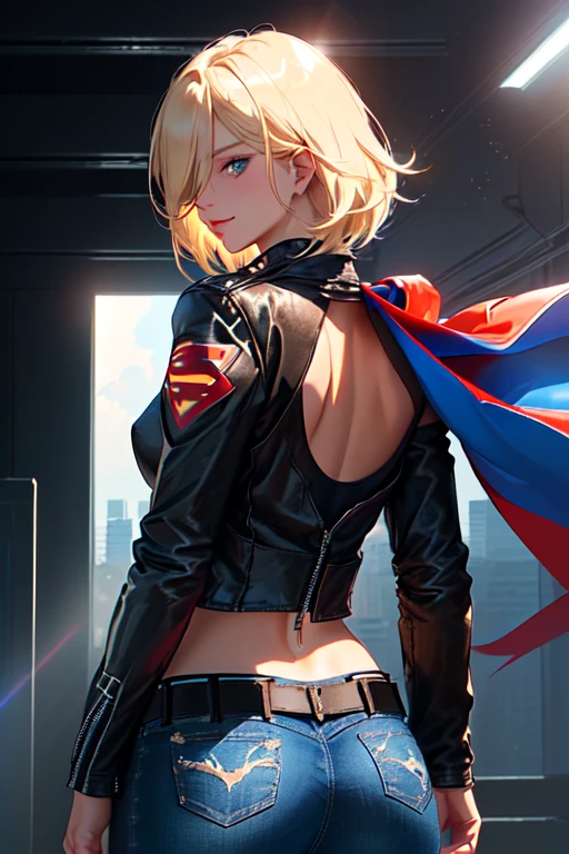 Supergirl, ((tanned young woman, (blonde, blue colored eyes, short hair covering one eye, tanned skin with panty lines, perfectbody, perky breasts, hardnipples), red lipgloss stick, (black leather jacket, with small Superman symbol on the shoulder, tight blue tank top with small Superman symbol on the left side of the chest, exposed abdomen, black leather belt, low waist jeans, Vemeho sneakers), Masterpiece artwork, high qualiy, back-illuminated)) natural lighting, high qualiy, Masterpiece artwork, hair blonde, hair over one eye, elongated eyes, elongated eyes, seducing smile, Hyper-Realism, image fill, Lens flare, from behind, precise, anatomically correcte, texturized skin, super detaill, hair blonde, hair over one eye, glare eyes, glare eyes, seducing smile, Hyper-Realism, image fill, from low, Lens flare, from behind, from behind, photo the cowboy, 8K, uhd, 8K, precise, uhd, anatomically correcte, texturized skin, super detaill,