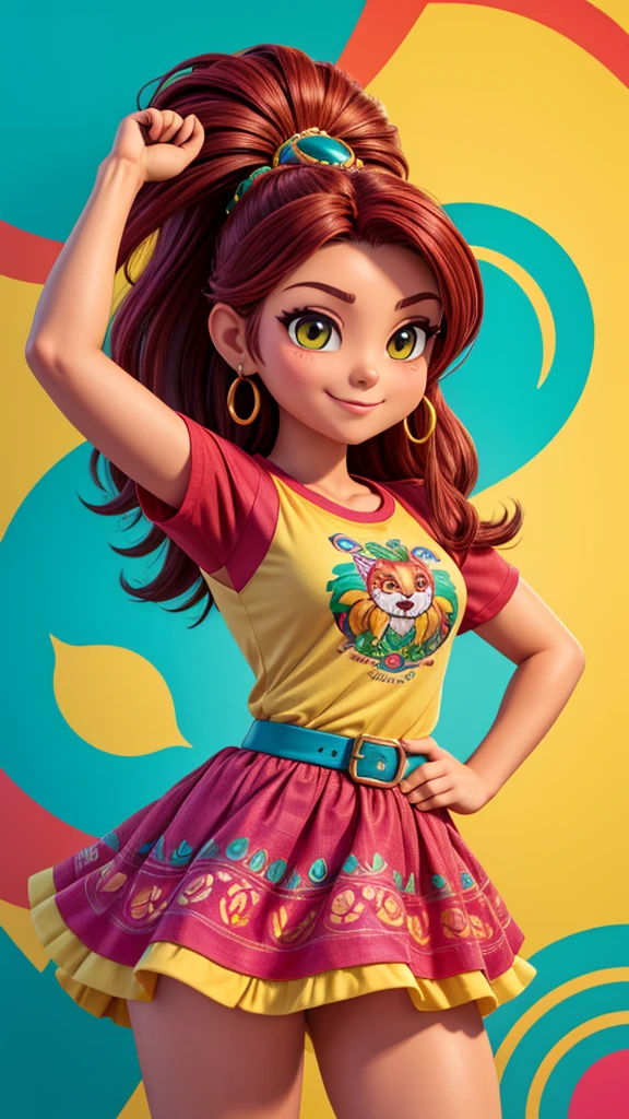 Create a vibrant mascot image for Ceplum, a specialized store for women's hair care products in Mexico. This mascot will be used on the banner of the store. The mascot should embody Mexican femininity with elements like colorful floral patterns or traditional Mexican jewelry. She should be a confident female feather with a warm and inviting expression, wearing a t-shirt prominently displaying "Ceplum". Instead of holding hair care tools, she could hold a small jar of hair cream or a bottle of hair serum. Use vibrant colors inspired by Mexican culture, such as deep reds, bright yellows, and turquoise, to reflect energy and passion. The mascot's pose should be dynamic and engaging, designed specifically to attract customers and encourage them to explore Ceplum's products.
