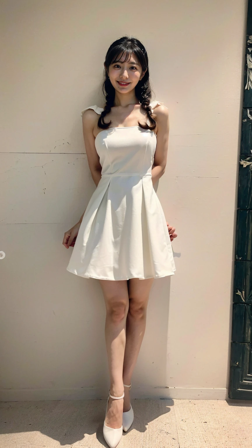 (8K、RAW Photos、Highest quality、masterpiece:1.2)、(Realistic、Realistic)、1 girl、((White high-leg dress:1.5、With pubic hair、Large Breasts、Full body from the front、Standing with hands behind back、))、Lots of eyelashes、Glowing eyelids、skeletally correct、smile、This photo will awaken boys to sex