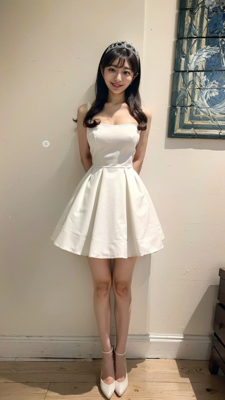 (8K、RAW Photos、Highest quality、masterpiece:1.2)、(Realistic、Realistic)、1 girl、((White high-leg dress:1.5、With pubic hair、Large Breasts、Full body from the front、Standing with hands behind back、))、Lots of eyelashes、Glowing eyelids、skeletally correct、smile、This photo will awaken boys to sex