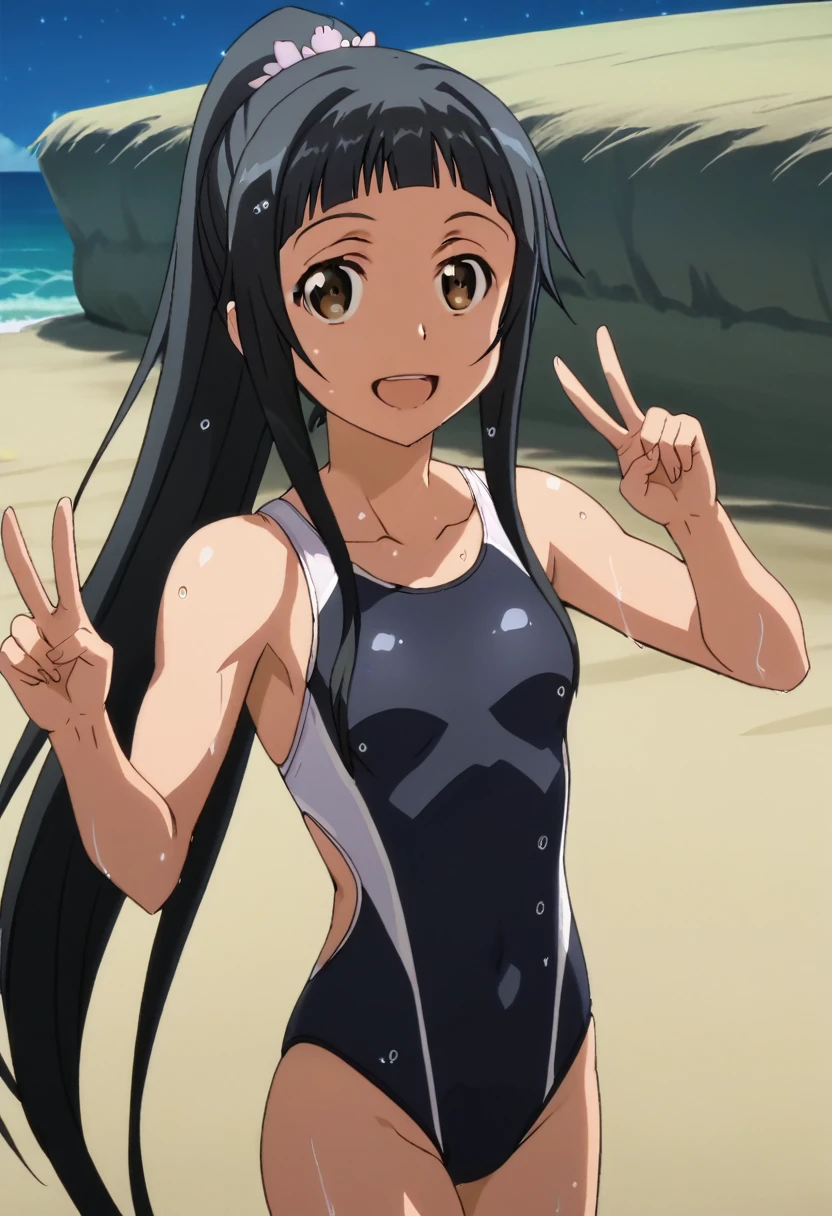 sword art online, yui, long hair, bangs, black hair, hair ornament, very long hair, high ponytail, blunt bangs, hime cut, brown eyes, masterpiece, best quality, anime screencap, tsuchimiya, competition swimsuit, black swimsuit, 1girl, solo, night, ocean, v, thigh gap, smile, open mouth, black one-piece swimsuit, close-up, wet, high saturation, high contrast, outdoor, concept, bodybuilder, muscle