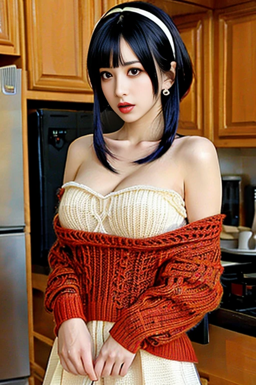 (small breasts:1.3), (perky chest:1.1), (pointed chest:1.0), (Pudding cake magazine cover:1.3),(from above:1.0),(from side:0.9),masterpiece, 1girl, Amazing Cleavage:1.1, thin waist, big ass, Raised sexy, small breast: 1.3, sexy posed cleavage:1.2,solo, open mouth, have a cute grass of cute beergrass,bronde hair, dark blue eyes, dress, bare shoulders, jewelry, collarbone, sidelocks, hairband, earrings, indoors, off shoulder, sweater, arms behind back, plant, short hair with long locks, gild hairband, sweater dress:1.2, off-shoulder sweater, red sweater, dark gord hair, big side hair, very long side hair,is rendered in (masterpiece: 1.2, best quality), with (ultra high resolution) and an exquisite (depth of field). This masterpiece is not only visually stunning but also tells,A scene of cooking in the kitchen in the classroom ,looking at viewer,