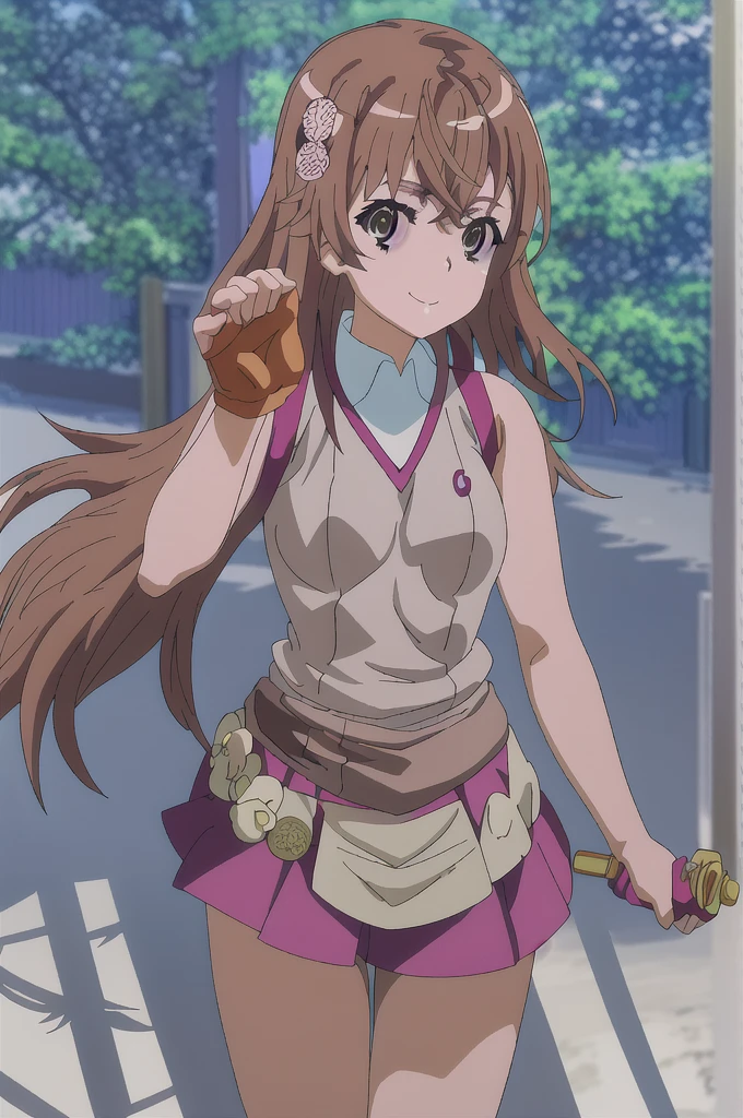 anime character, Japanese , rose knuckle gloves, green eyes, semi-long brown hair with bangs, spandex-style shorts under skirt, smiling showing teeth, eyes open, nunchaku hanging from waist, masterwork