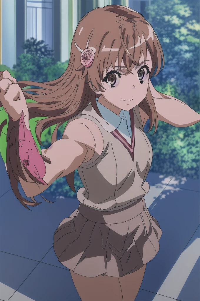 anime character, Japanese , rose knuckle gloves, green eyes, semi-long brown hair with bangs, spandex-style shorts under skirt, smiling showing teeth, eyes open, nunchaku hanging from waist, masterwork