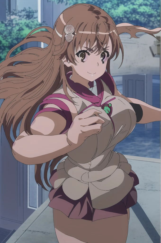 anime character, Japanese , rose knuckle gloves, green eyes, semi-long brown hair with bangs, spandex-style shorts under skirt, smiling showing teeth, eyes open, nunchaku hanging from waist, masterwork