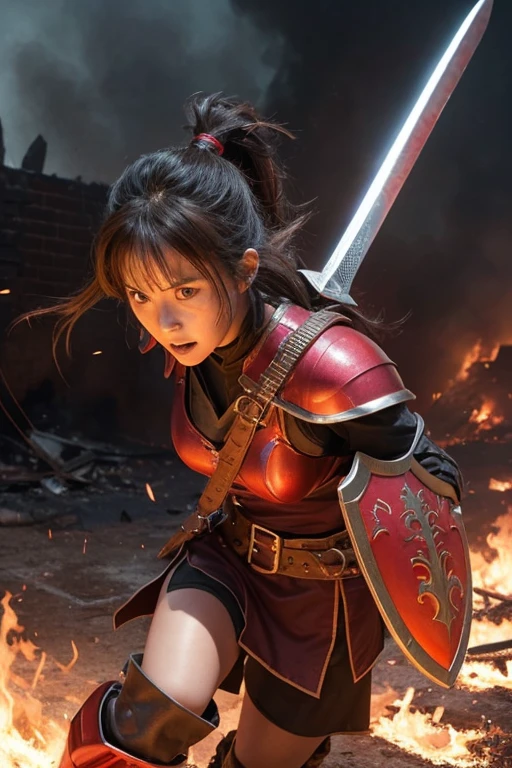 Dragon Quest、Woman warrior、Completely destroyed red armor、Injured in a fire attack、Remaining HP: 1、Shield is destroyed、Coming under attack、触手Coming under attack、Slashed with a sword、Being restrained、I&#39;will be defeated、Can&#39;t avoid attacks、Crucified、Executed、Real、Large damage、shield、sword、alone、Get down on one knee、Struck by hellfire、Final blow、Armor and armor、breastplate、Blue broken armor、Completely broken shin guard