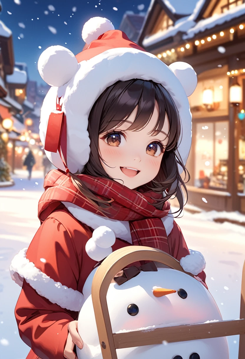 Highest quality、High resolution、Detailed Background、Beautiful face in every detail、Teenage beauty、cuteカラーの髪色、ponytail、Bobcut、cute髪型、cute仕草、A big smile、smile、
Snowman hats, scarves and other accessories、A girl is playing on a sled in the snow、少女がsmileでソリに座り、She looks adorable as she glides happily with her hair blowing in the wind and snow falling.、The falling snowflakes are adorable.、cute