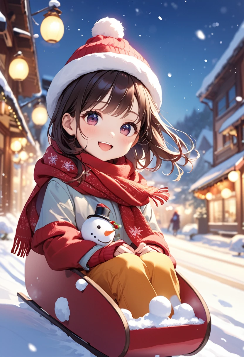 Highest quality、High resolution、Detailed Background、Beautiful face in every detail、Teenage beauty、cuteカラーの髪色、ponytail、Bobcut、cute髪型、cute仕草、A big smile、smile、
Snowman hats, scarves and other accessories、A girl is playing on a sled in the snow、少女がsmileでソリに座り、She looks adorable as she glides happily with her hair blowing in the wind and snow falling.、The falling snowflakes are adorable.、cute