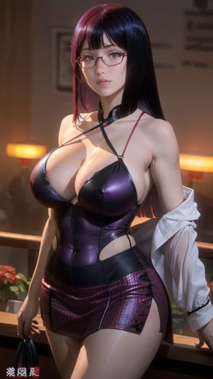 ((Chinese idol))　Soft purple hair　Glasses　Bright red lips　Mature woman　(((full柔软的乳房,)))(((Huge breasts))) (((Cleavage)))Bright red rouge lips　((Purple shirt))　Black tight skirt　Legs in shiny black stockings　full　Looks fun　Happy sexy smile　((With a whip))　Heavy sweating　Radiant skin　((Swimming pool on a hot summer night))　portrait　Looking at the camera　Low Angle　Soft lighting　((dressing))　((Squat))