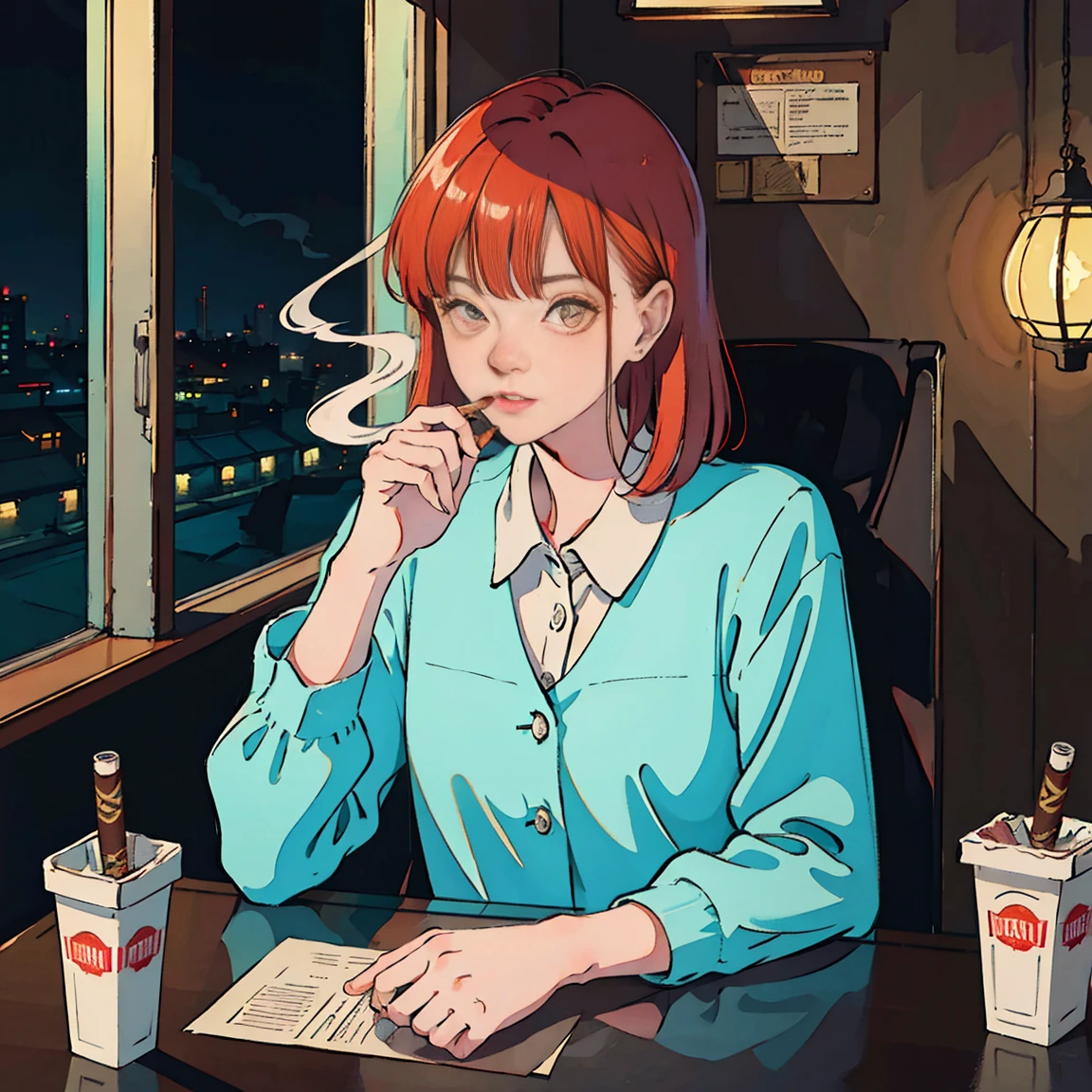 Beautiful Asian redhead sitting in a restaurant at night, Visible from the window, face perfect, oculos de sol, Smoking white Taylormade cigars, Neon black, (contra-luz: 1.1), hard shadows, work of art, highest quallity, complex, model shooting style, vintage, Film grain, incomplete details,smoke,cigar