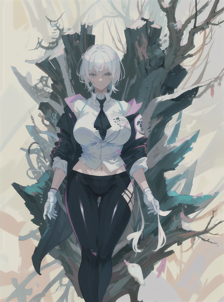 master masterpiece，high quallity，1girl，A female investigator wears yoga pants，huge breasts, sexy body, milf, curvy, anime girl with white hair and black gloves walking through a forest, artwork in the style of guweiz, anime lush john 8k woods, anime cover,detailed anime character art, anime style 4 k, The character depiction is very detailed，The female investigator in the picture has multiple scars，He was wrapped in bandages，It gives a terrifying feeling that the female investigator wears a jacket，The whole image is very nuanced, cutesexyrobutts。