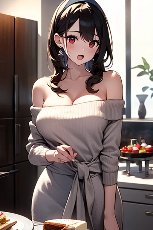 masterpiece, yor, 1girl, Amazing Cleavage:1.3, thin waist, big ass, Raised sexy, medium breast: 1.8 posed cleavage:1.2、solo, looking at viewer, open mouth, have a cup of coffee,black hair, red eyes, dress, bare shoulders, jewelry, collarbone, sidelocks, hairband, earrings, indoors, off shoulder, :o, sweater, arms behind back, plant, short hair with long locks, white hairband, off-shoulder dress, sweater dress, off-shoulder sweater, red sweater, big side hair, very long side hair,is rendered in (masterpiece: 1.2, best quality), with (ultra high resolution) and an exquisite (depth of field). This masterpiece is not only visually stunning but also tells, make of cake cooking ,in the kitchen 