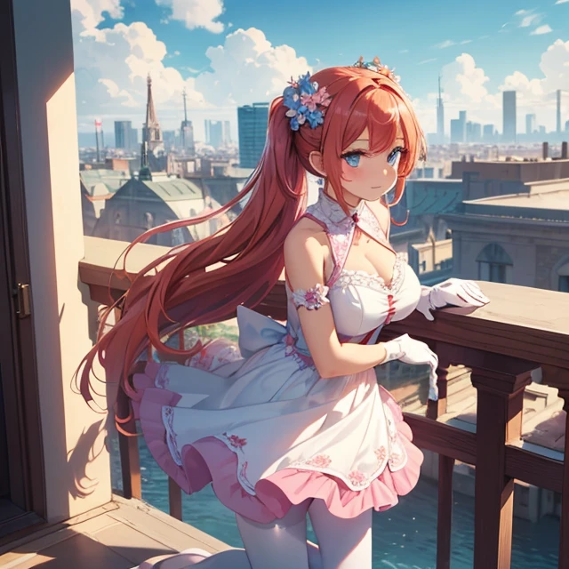 (masterpiece, best quality, detailed), 1girl, solo, looking at the sky
ElfGirl, reddish orange hair, left hair pigtail tied with two flowers, light blue eyes, smile, closed mouth, huge breasts, lightblue flower at side of hair, (pink noble dress, white gloves, pink pantyhose), outdoors,  rooftop, day, cityscape, blue sky, cloud, scenery, railing, arms onward