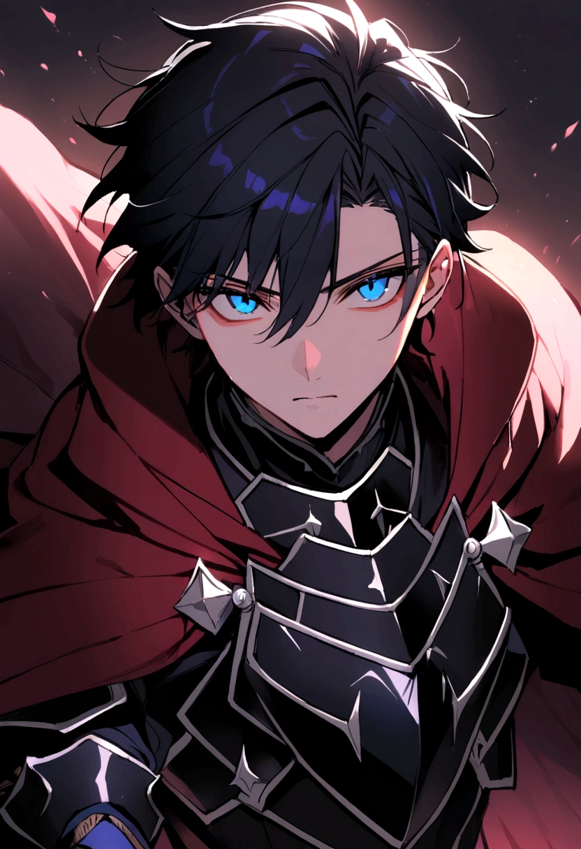 21 year old man, short black hair, blue eyes, wears knight armor and wine red cape, peach skin, uses black katana.