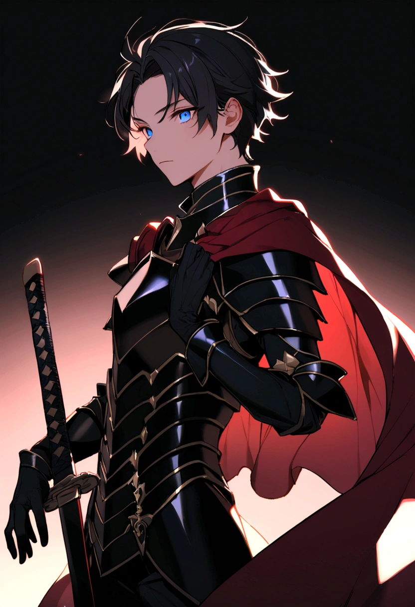 21 year old man, short black hair, blue eyes, wears knight armor and wine red cape, peach skin, uses black katana.