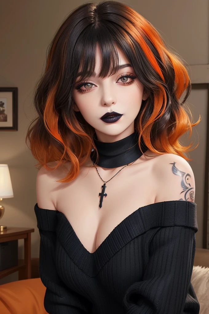 masterpiece, adult, gothic themed room, woman with black to orange ombre hair, goth, black lipsticks, tattoos, bangs, curly hair, eye shadow, smoky eyes, smokey eyes, black sweater, off the shoulder, necklace, collar