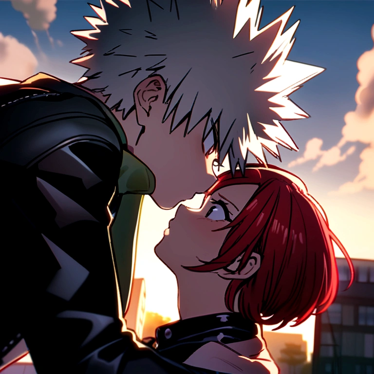 Deku todoroki and bakugo in leather pants kissing