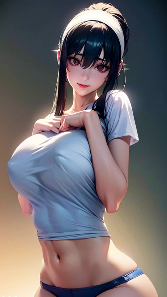 (((One girl:1.5, alone))), Photos of very cute and beautiful Japanese women, (Sexy Model), Professional attire, (22 years old: 1.1), Portrait of a cheerful smiling girl, Full body images, When viewed from the front, The composition is symmetrical, (Looking straight at you, Are standing, Leaning forward:1.2, Sexy Model pose), break, (shiny fine hair: 1.2), (Bob Ponytail:1.3), dark red eyes, Beautiful Eyes, Princess Eyes, ((Black Hair:1.3)), A single hair, bangs, Hair between the eyes, Long Hair, curve, Abdominal muscles, perfect Abdominal muscles, (Huge breasts;1.37, Large Breasts:1.37, Large Breastsの谷間:1.37), (Narrow waist: 1.15), (Detailed beautiful girl: 1.4), Part your lips, Red lips, (Shiny skin), ((Perfect female body)), (Upper body image:1.3), Encircling the head, Perfect Anatomy, Perfect proportions, 8.5 Life-size, Face Focus, break, (Bare shoulders, Chest tightness, Show Viewer, (White T-shirt and navy blue high leg bloomers:1.4), break, (Japanese izakaya detailed background:1.2), (Studio Lighting: 1.3), (Cinematic lighting: 1.3), (Backlight: 1.3), Dim lighting, Full body lighting, break, (Realistic, Realistic: 1.37), (masterpiece, Highest quality: 1.2), (Ultra-high resolution: 1.2), (RAW Photos: 1.2), (Sharp focus: 1.3), (Face Focus: 1.2), (Ultra High Definition CG Integrated 8K Wallpaper: 1.2), (Beautiful Skin: 1.2), (Pale skin: 1.3), (Hyper Sharp focus: 1.5), (Ultra Sharp focus: 1.5), ( Beautiful pretty face: 1.3), (Highly detailed background, Detailed Background: 1.3), Ultra Realistic Photo, Ultra-sharp images, Hyper-detail image、hair band