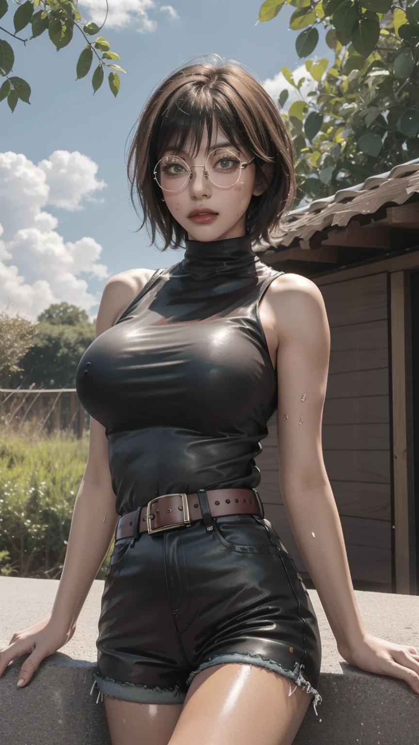 MakiSHS1, One,  short hair, 1 girl,  Looking at the viewer, glasses, green hair, without sleeves, belt, trousers, bang,  shirt, short shorts, sexy body, legs , muscular, круглые glasses, breast, bare shoulders, closed mouth, muscular female, turtleneck, yellow eyes, black шорты, parted lips, without sleeves shirt, large breast, on open air, sky, blue sky, clouds, trees, building,   Sitting, Sitting in, girl Sitting, BREAK masterpiece, Best quality, very detailed background, perfect lightingBest quality, ((shiny skin, Glossy leather, Detailed skin))