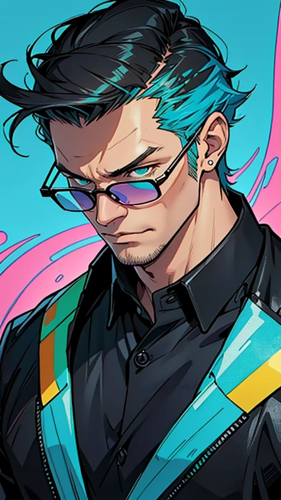 A handsome man with headset, black shirt, and glasses, aggressive digital illustration, blue and turquoise, 85 new wave, hyper-detailed illustrations, colorful moebius, pulled, scraped, and scratched, neo-pop iconography